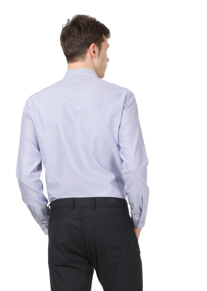 Navy Blue Striped Regular Fit Weaving Casual 100% Cotton Shirt - 4