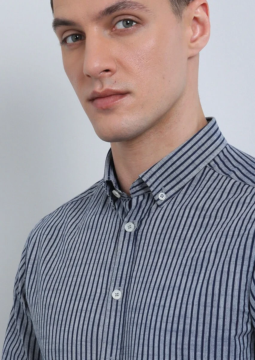 Navy Blue Striped Regular Fit Weaving Casual 100% Cotton Shirt - 2