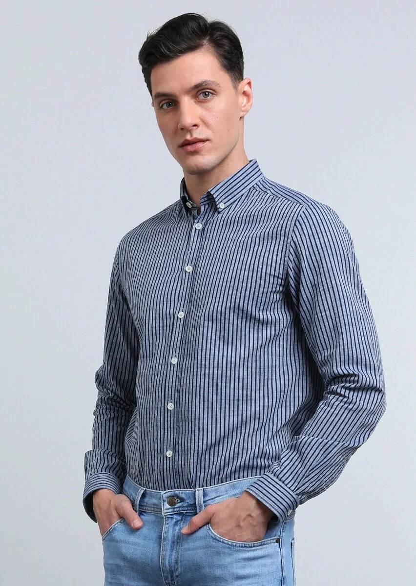 Navy Blue Striped Regular Fit Weaving Casual 100% Cotton Shirt - 3