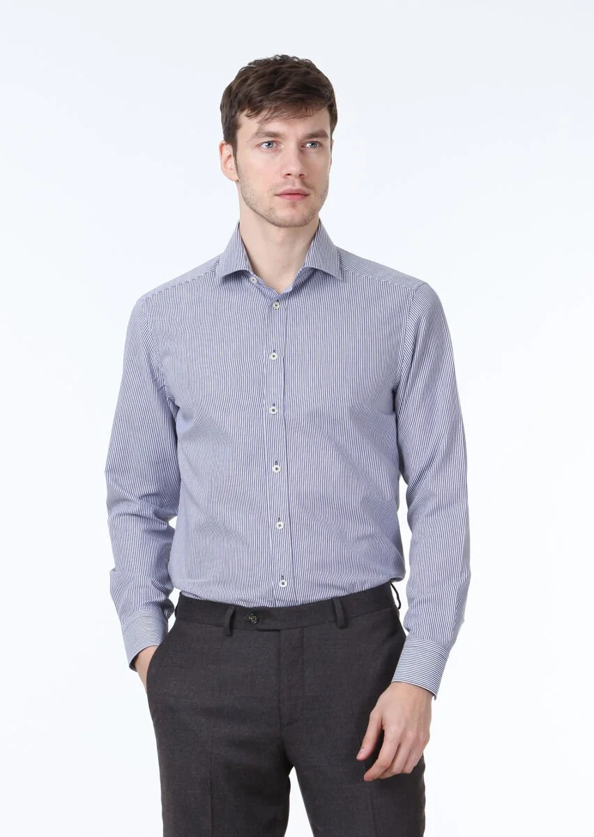 Navy Blue Striped Regular Fit Weaving Classical 100% Cotton Shirt - 1
