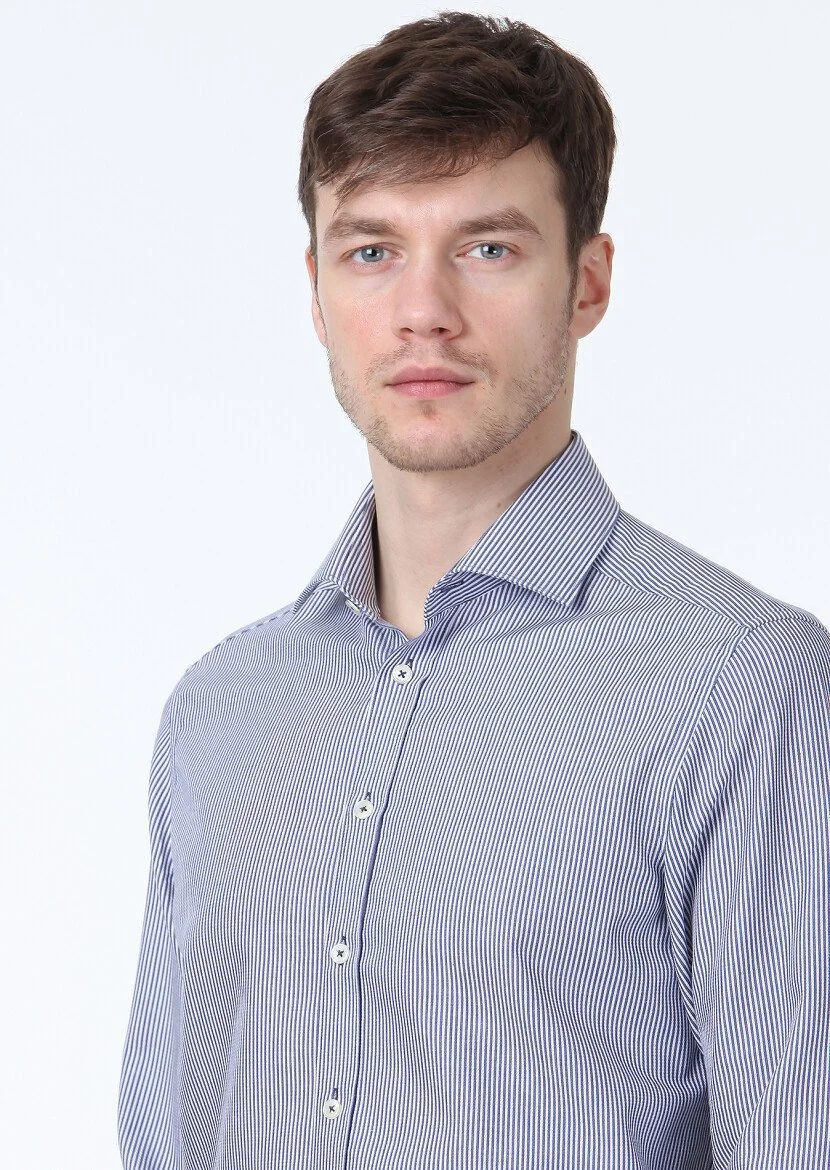 Navy Blue Striped Regular Fit Weaving Classical 100% Cotton Shirt - 2