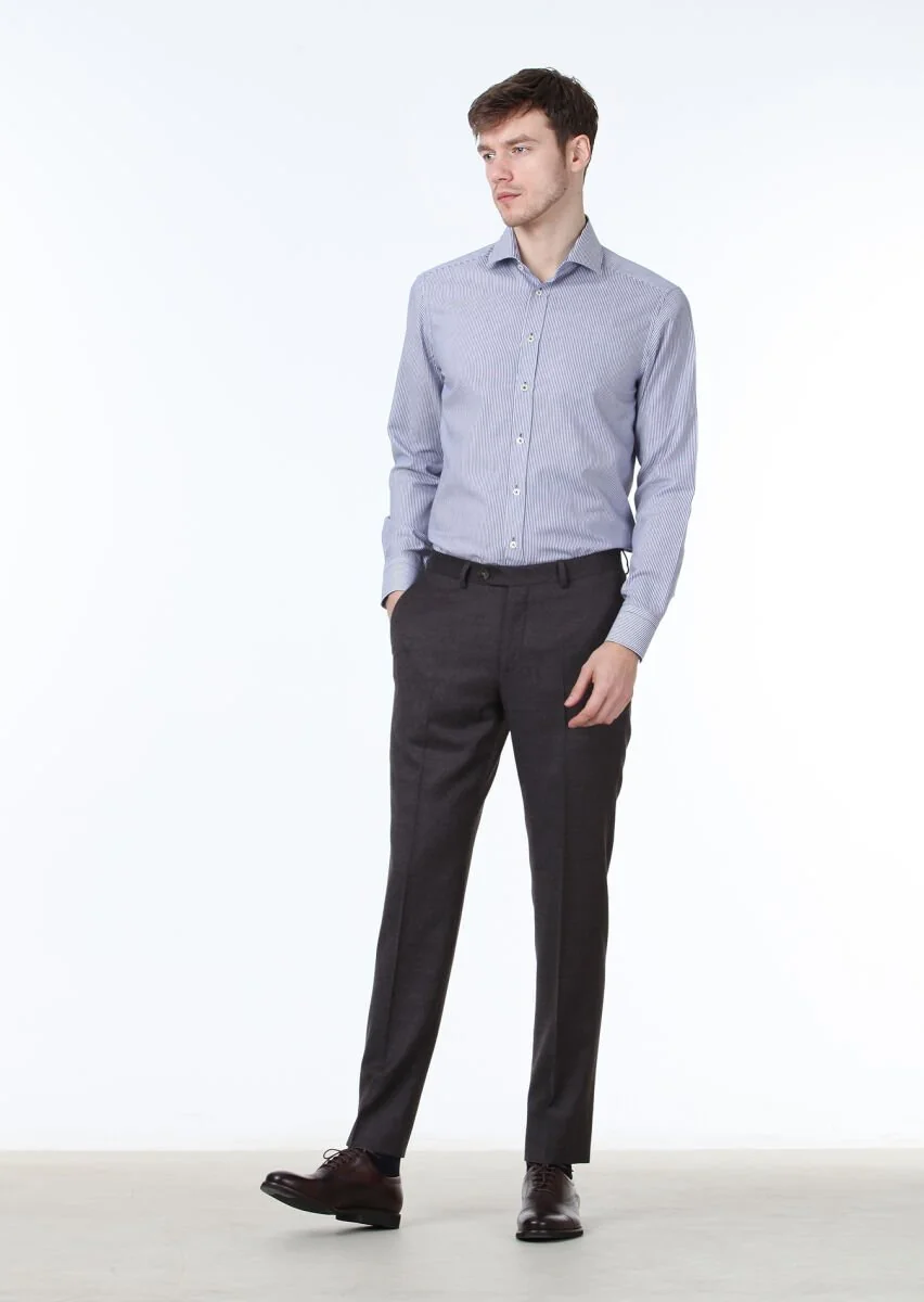 Navy Blue Striped Regular Fit Weaving Classical 100% Cotton Shirt - 3