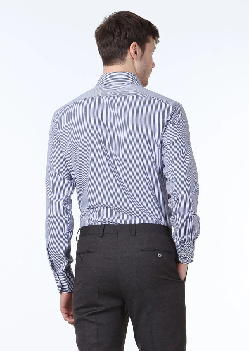 Navy Blue Striped Regular Fit Weaving Classical 100% Cotton Shirt - 4