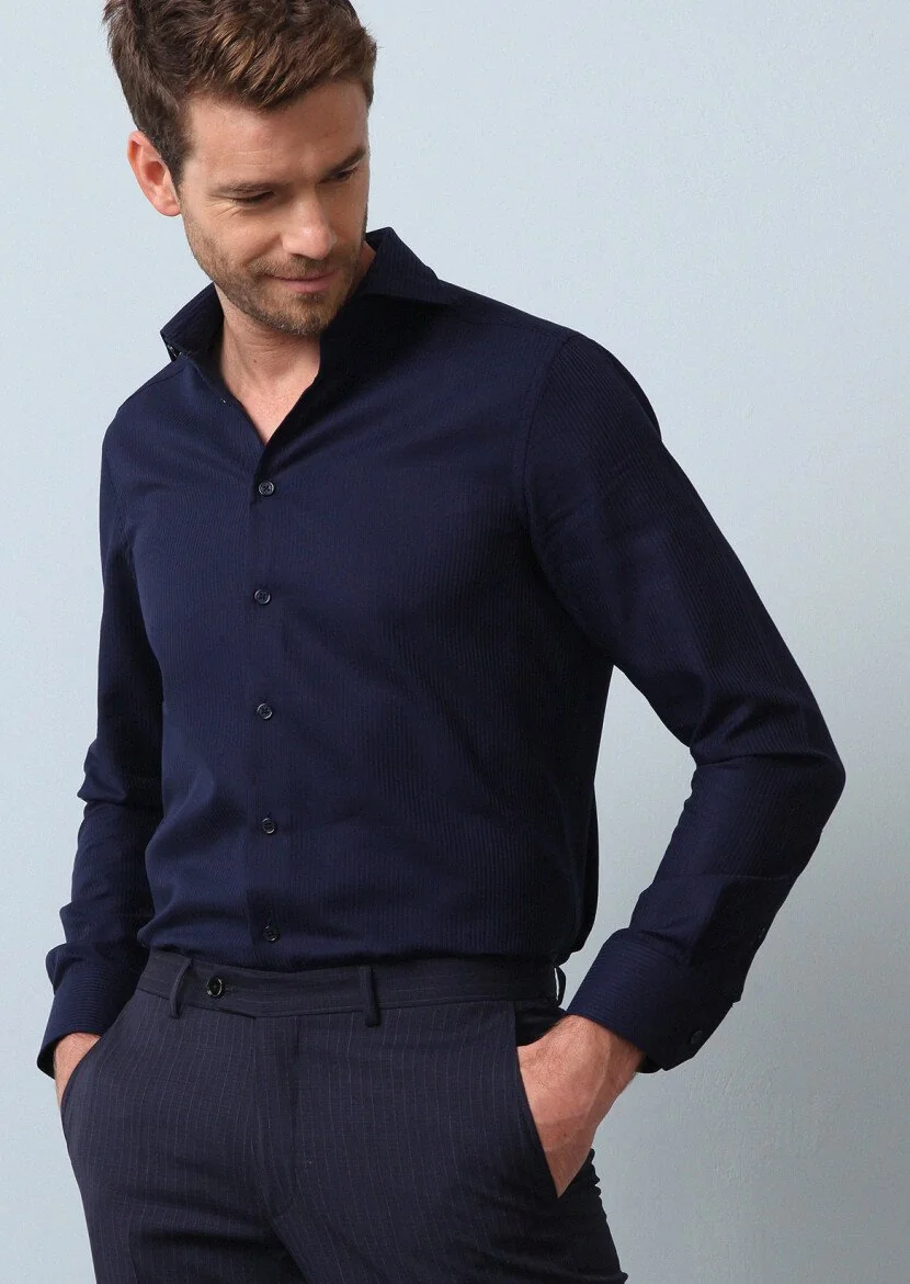 Navy Blue Striped Regular Fit Weaving Classical 100% Cotton Shirt 