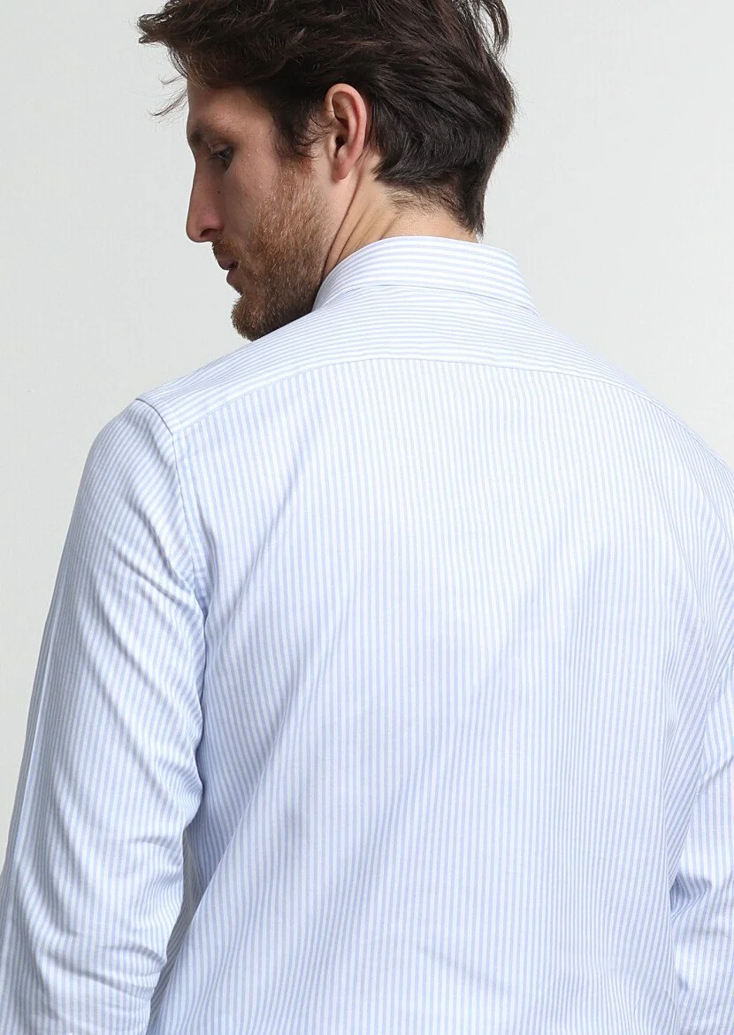Navy Blue Striped Regular Fit Weaving Classical 100% Cotton Shirt - 4