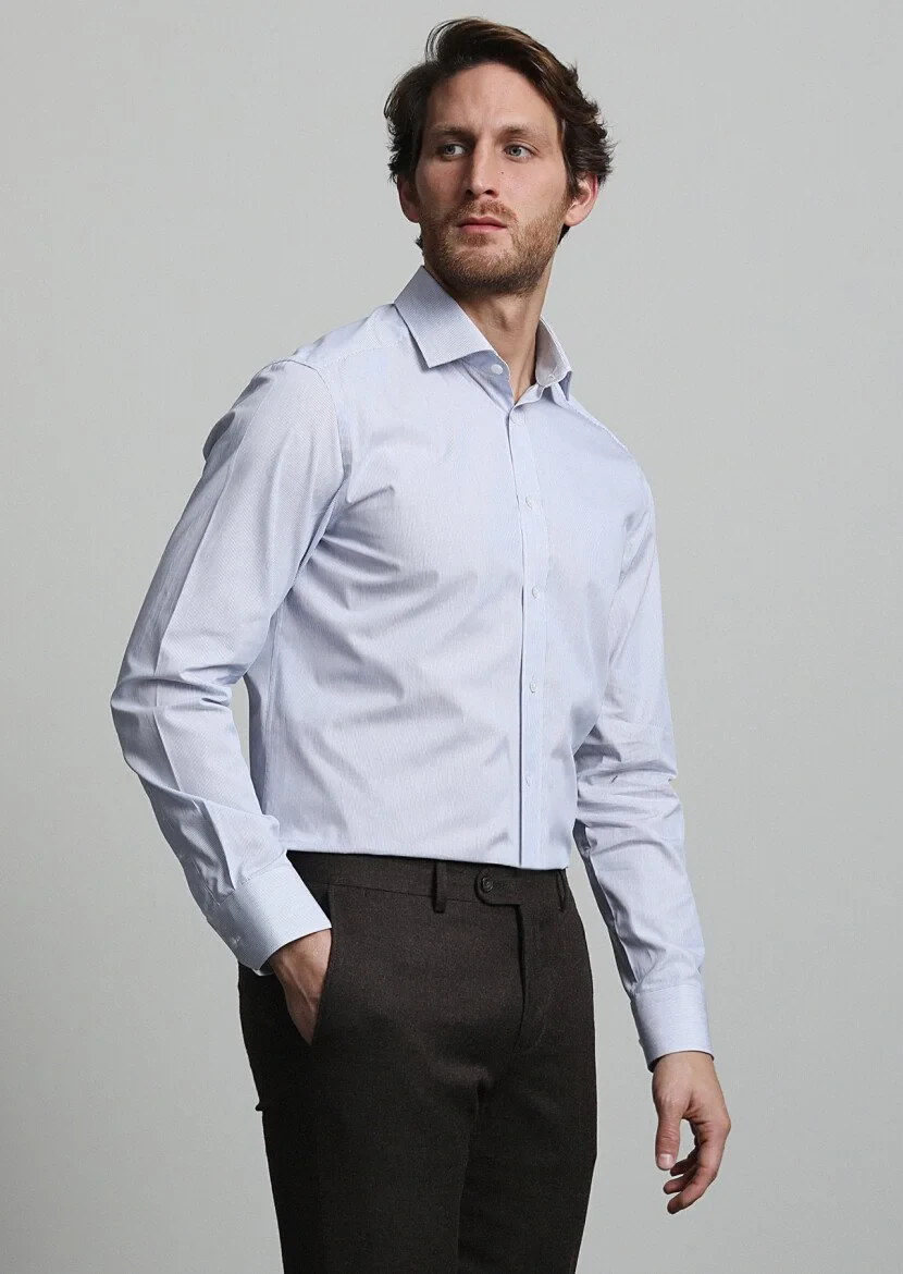 Navy Blue Striped Regular Fit Weaving Classical 100% Cotton Shirt - 1