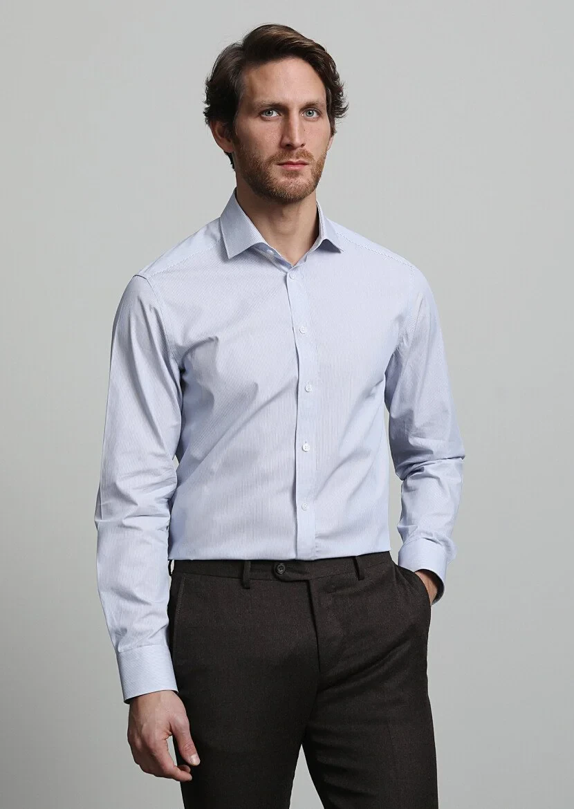 Navy Blue Striped Regular Fit Weaving Classical 100% Cotton Shirt - 3
