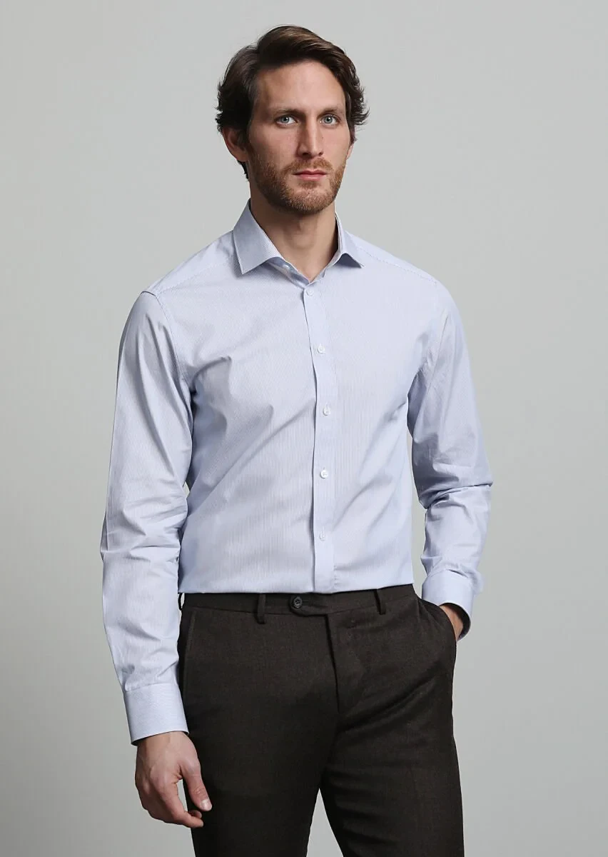 Navy Blue Striped Regular Fit Weaving Classical 100% Cotton Shirt - 3
