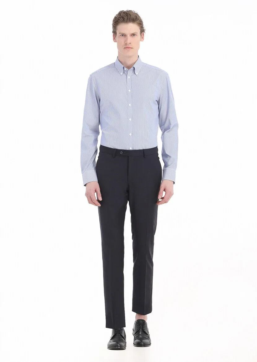 Navy Blue Striped Regular Fit Weaving Classical 100% Cotton Shirt - 1