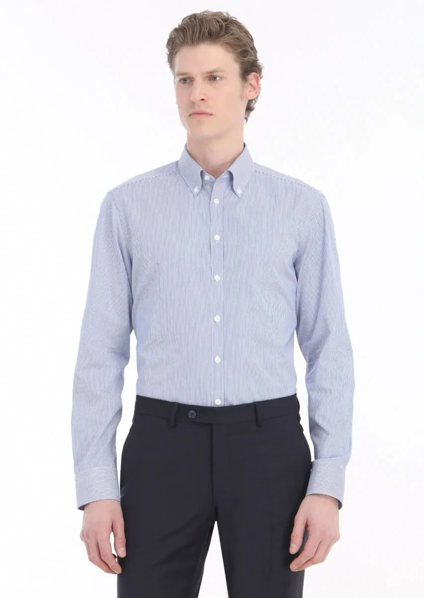 Navy Blue Striped Regular Fit Weaving Classical 100% Cotton Shirt - 2