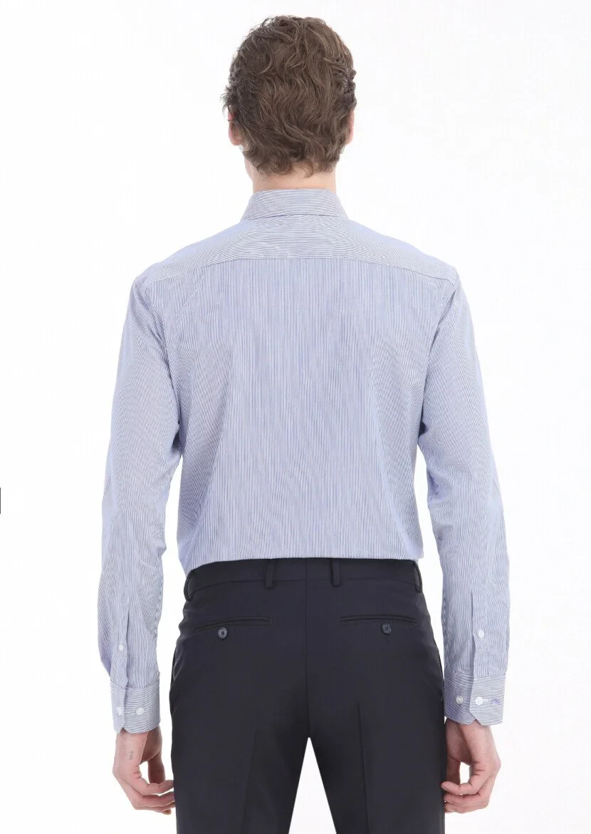 Navy Blue Striped Regular Fit Weaving Classical 100% Cotton Shirt - 4
