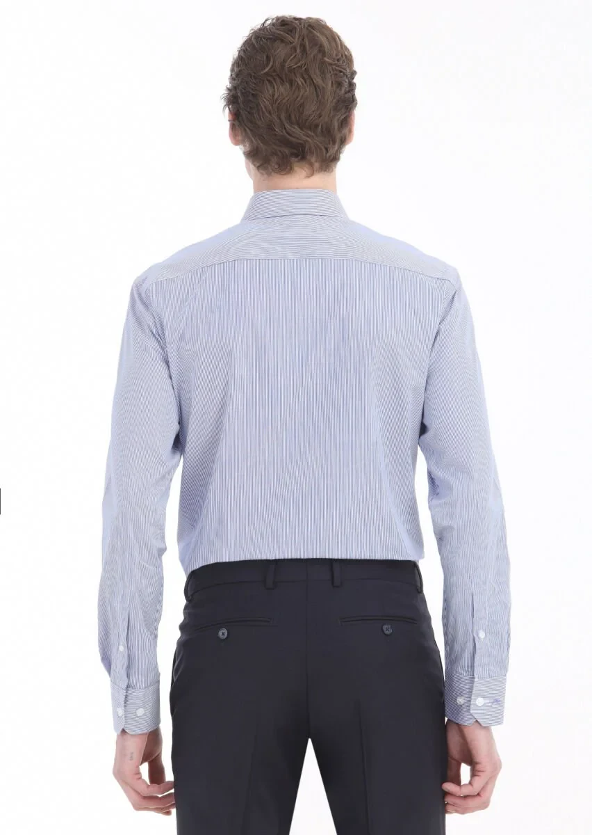 Navy Blue Striped Regular Fit Weaving Classical 100% Cotton Shirt - 4