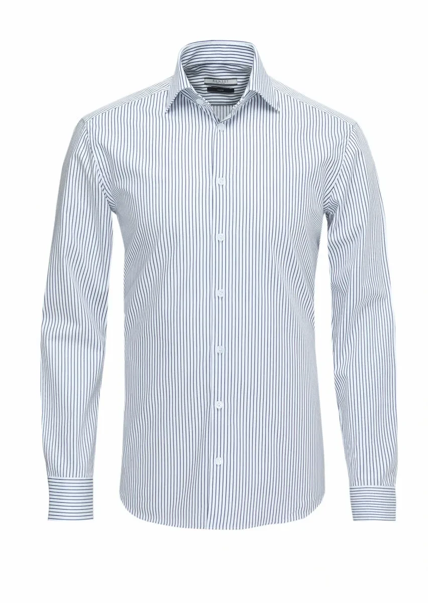 Navy Blue Striped Regular Fit Weaving Classical 100% Cotton Shirt - 1