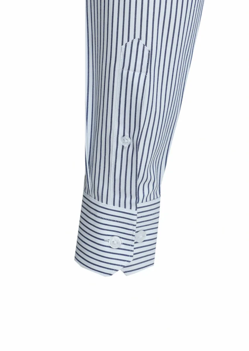 Navy Blue Striped Regular Fit Weaving Classical 100% Cotton Shirt - 4