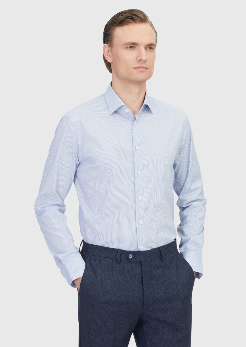 Navy Blue Striped Regular Fit Weaving Classical Cotton Blended Shirt - RAMSEY