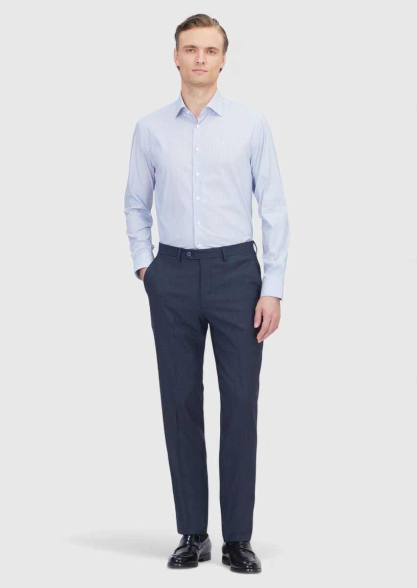 Navy Blue Striped Regular Fit Weaving Classical Cotton Blended Shirt - 2