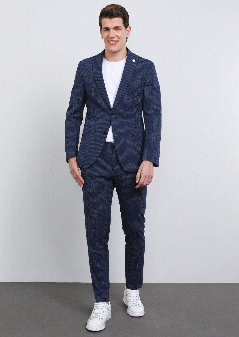 Navy Blue Striped Shirt Shoulder Slim Fit Cotton Blended Suit - 1