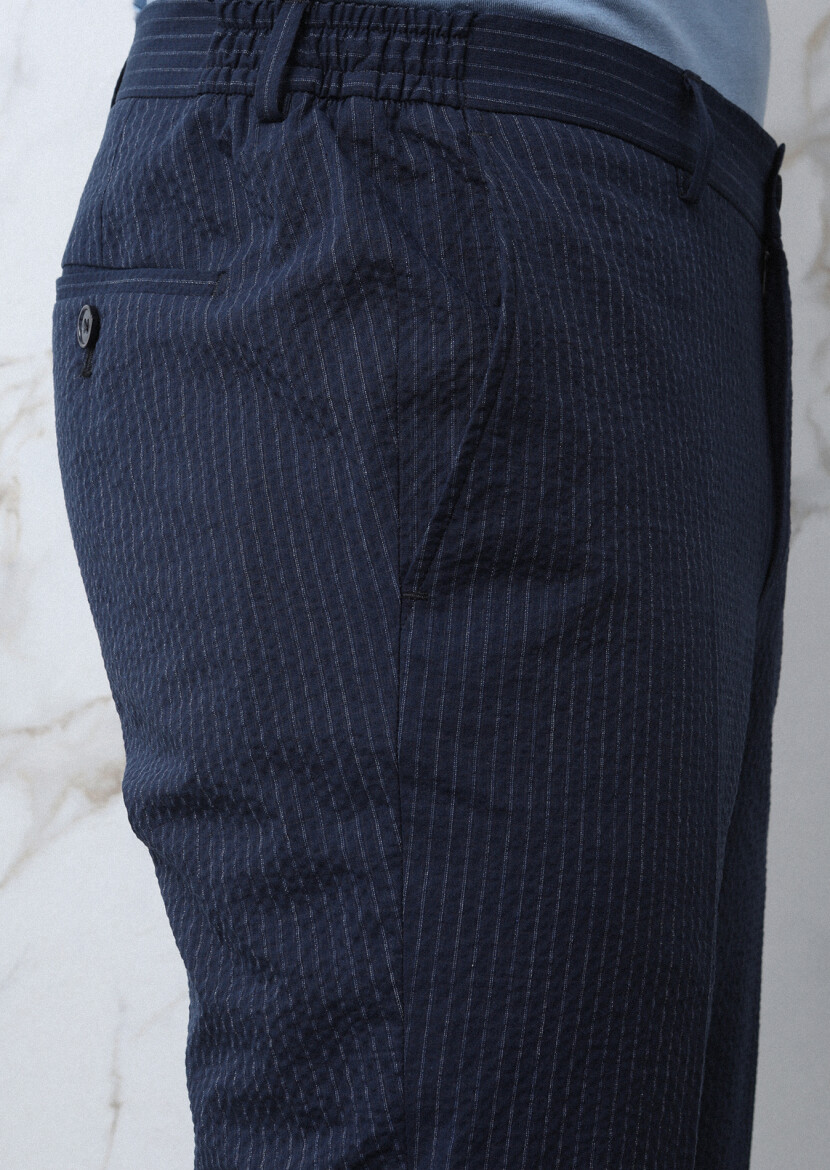 Navy Blue Striped Shirt Shoulder Slim Fit Cotton Blended Suit - 2