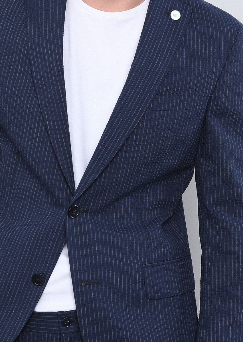 Navy Blue Striped Shirt Shoulder Slim Fit Cotton Blended Suit - 3