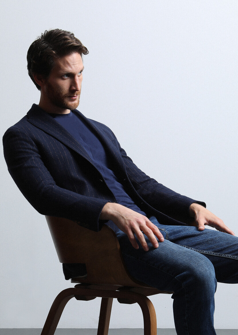 Navy Blue Striped Shirt Shoulder Slim Fit Wool Blended Jacket - 1