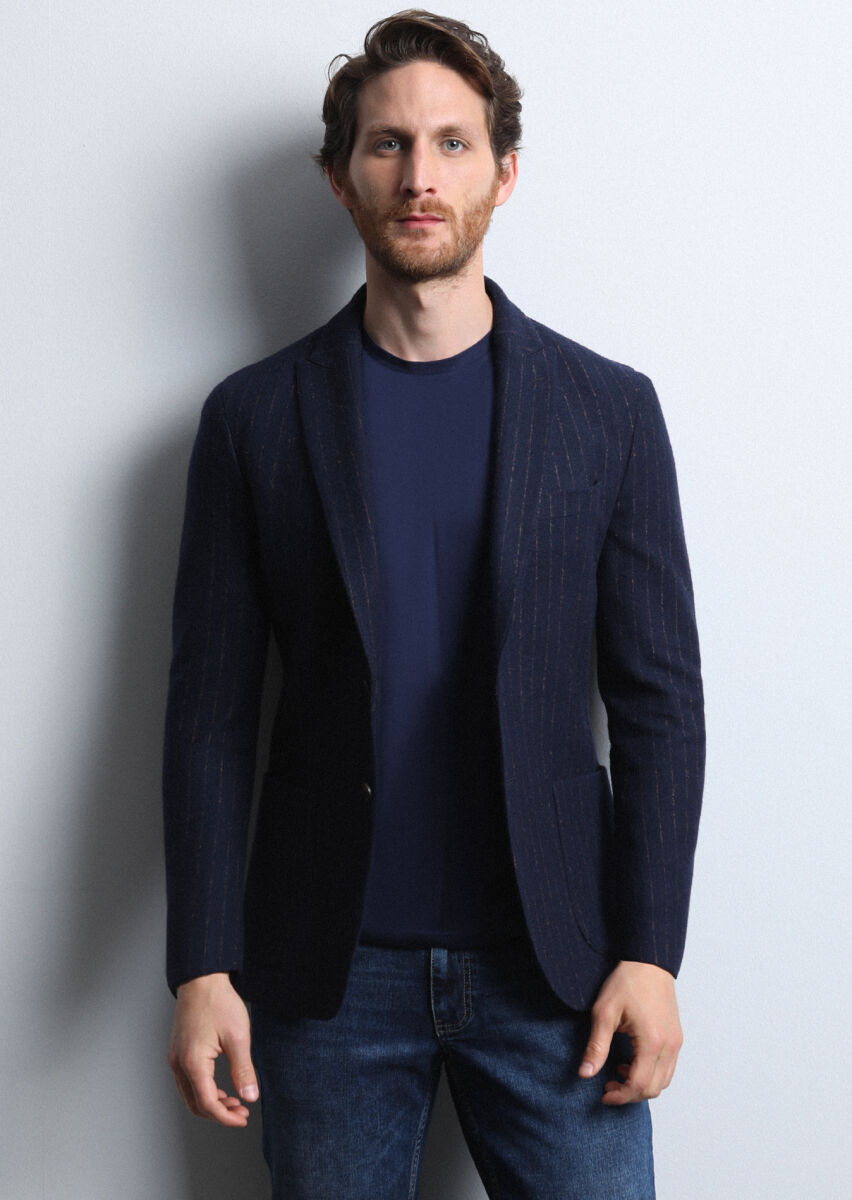 Navy Blue Striped Shirt Shoulder Slim Fit Wool Blended Jacket - 3