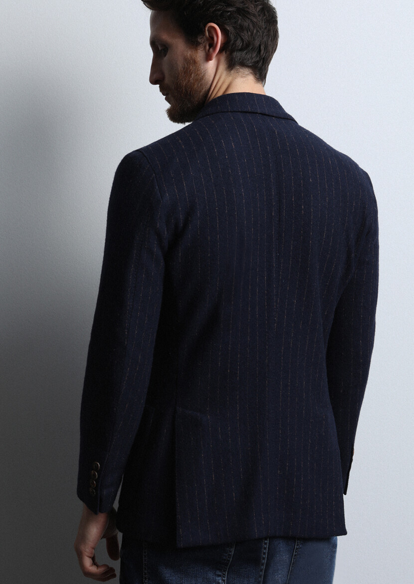 Navy Blue Striped Shirt Shoulder Slim Fit Wool Blended Jacket - 5