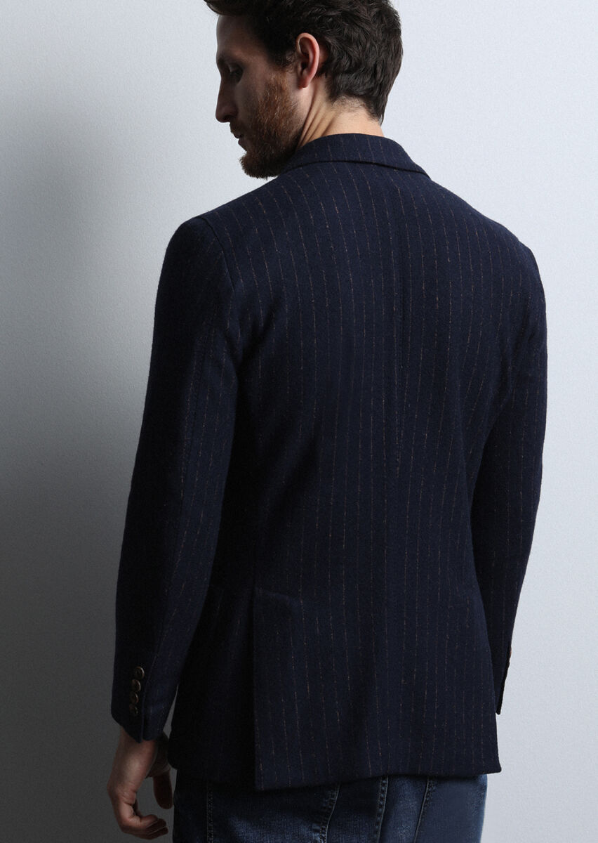 Navy Blue Striped Shirt Shoulder Slim Fit Wool Blended Jacket - 5