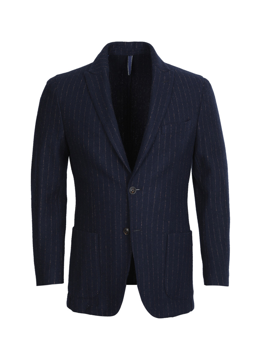 Navy Blue Striped Shirt Shoulder Slim Fit Wool Blended Jacket - 6