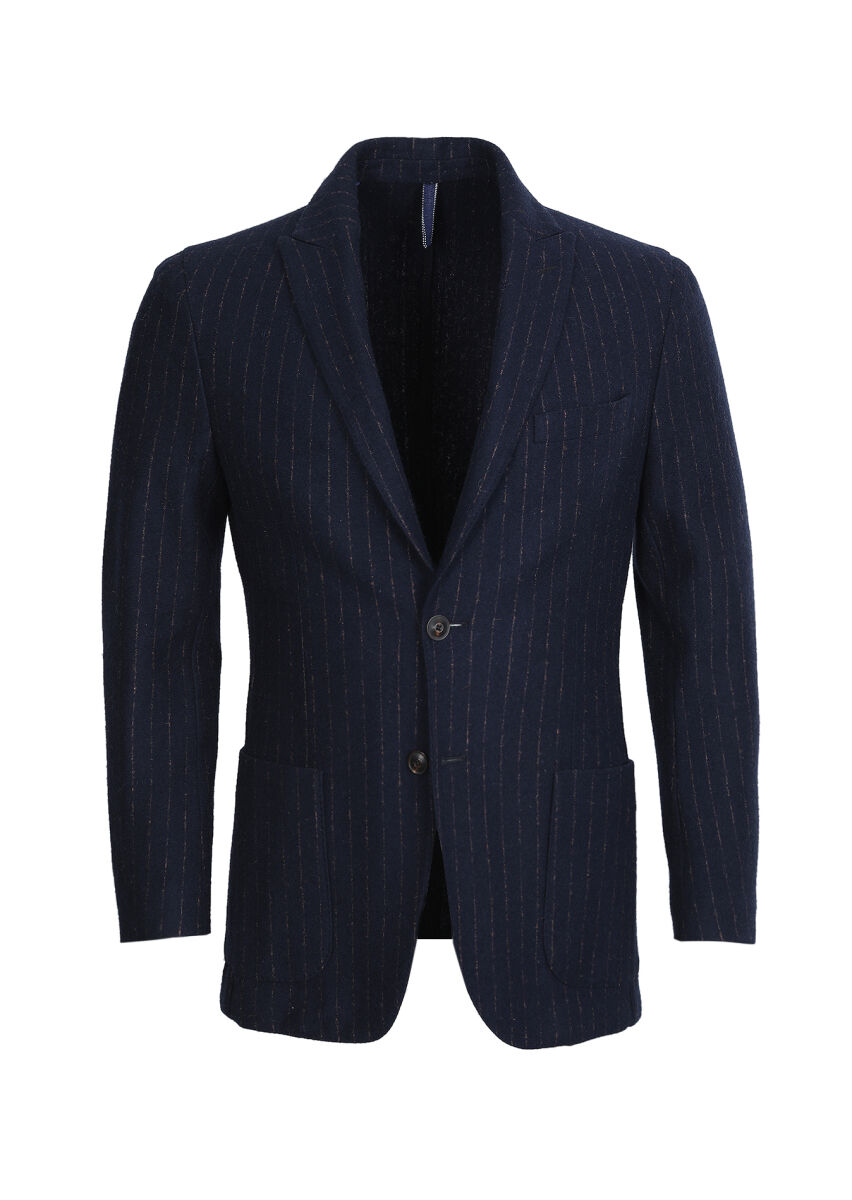 Navy Blue Striped Shirt Shoulder Slim Fit Wool Blended Jacket - 6