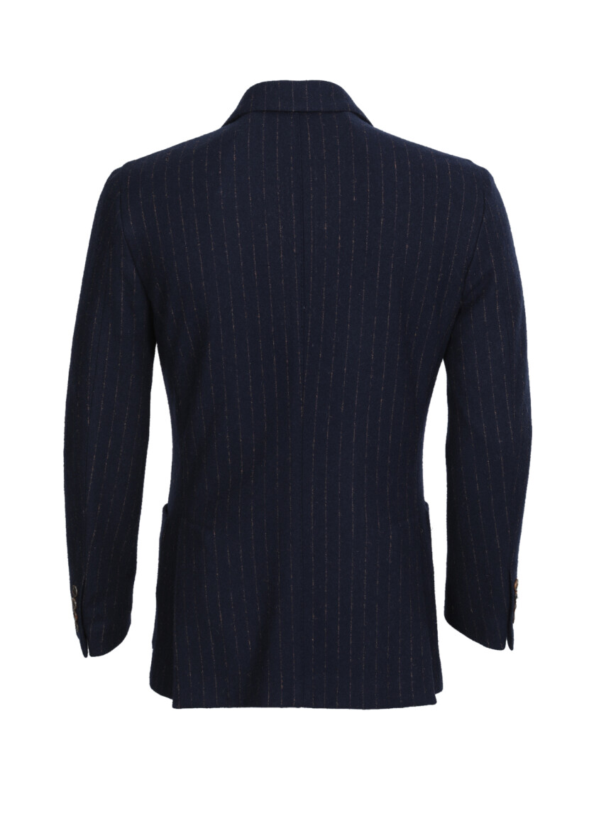 Navy Blue Striped Shirt Shoulder Slim Fit Wool Blended Jacket - 7