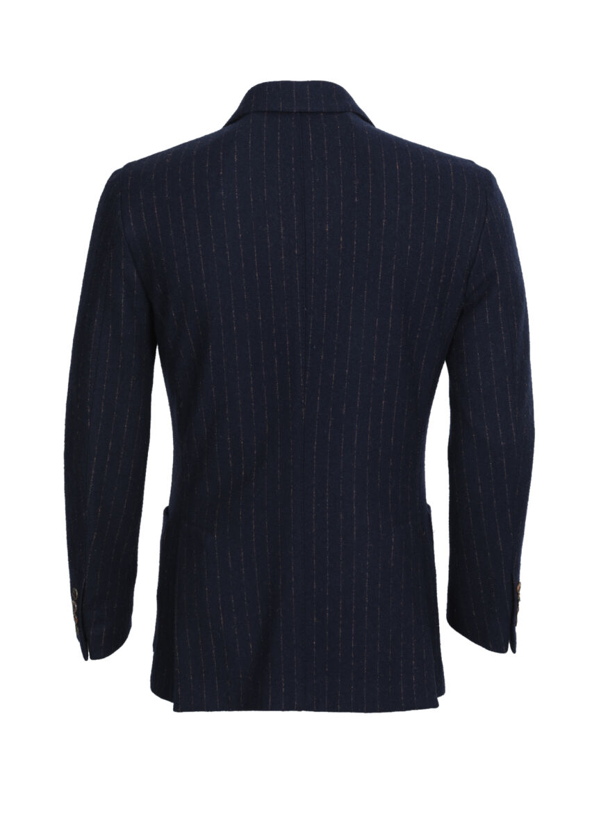 Navy Blue Striped Shirt Shoulder Slim Fit Wool Blended Jacket - 7