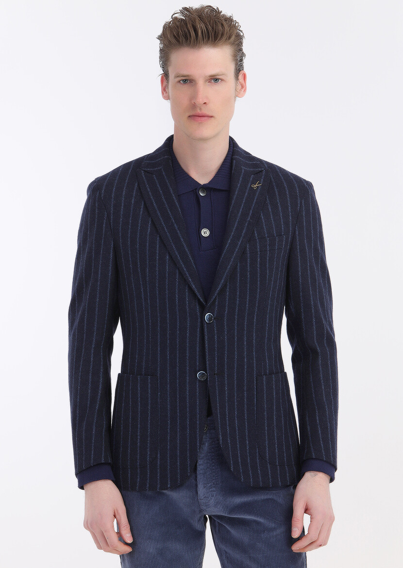 Navy Blue Striped Shirt Shoulder Slim Fit Wool Blended Jacket - 1