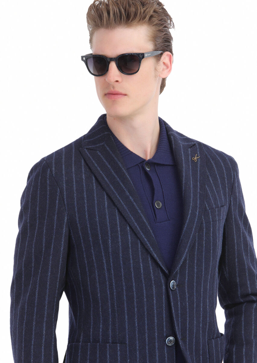 Navy Blue Striped Shirt Shoulder Slim Fit Wool Blended Jacket - 3