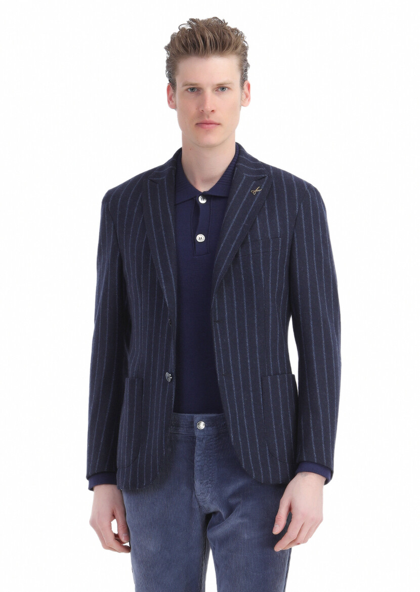 Navy Blue Striped Shirt Shoulder Slim Fit Wool Blended Jacket - 4