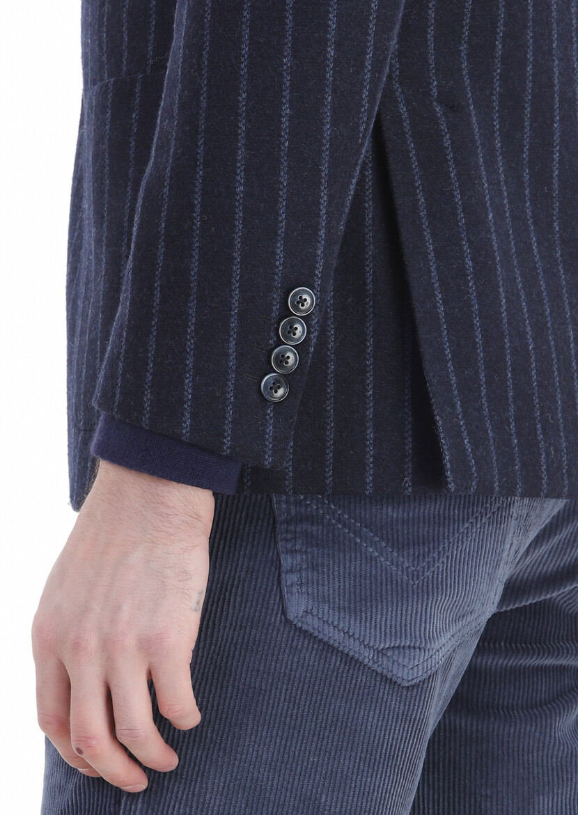 Navy Blue Striped Shirt Shoulder Slim Fit Wool Blended Jacket - 5