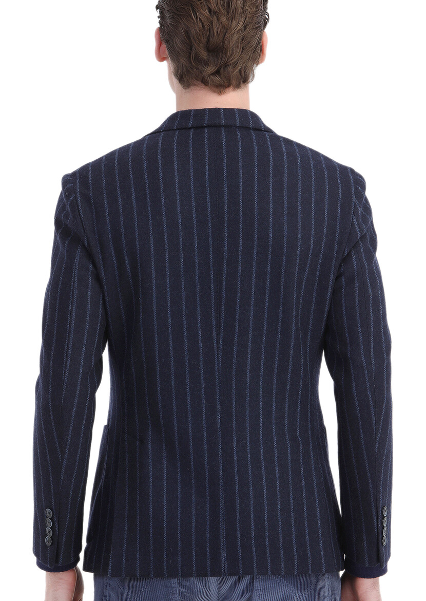 Navy Blue Striped Shirt Shoulder Slim Fit Wool Blended Jacket - 6