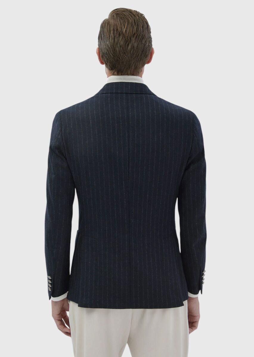 Navy Blue Striped Shirt Shoulder Slim Fit Wool Blended Jacket - 7