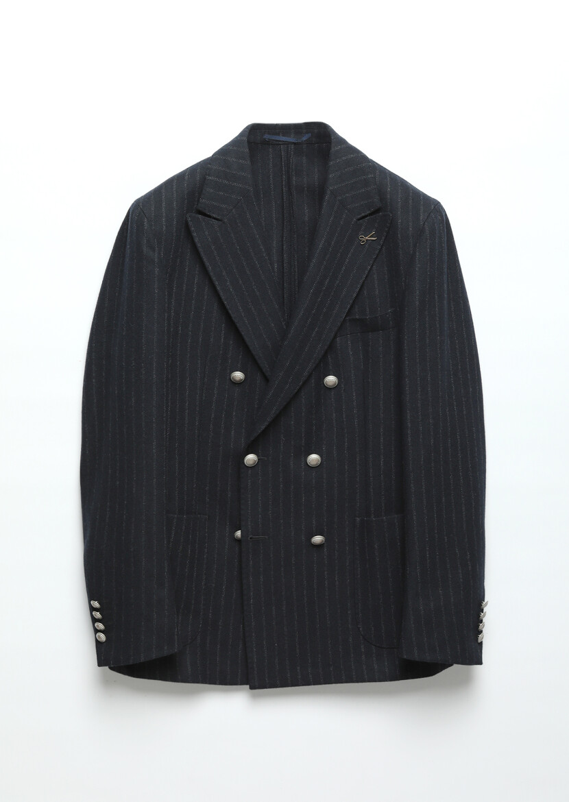 Navy Blue Striped Shirt Shoulder Slim Fit Wool Blended Jacket - 8