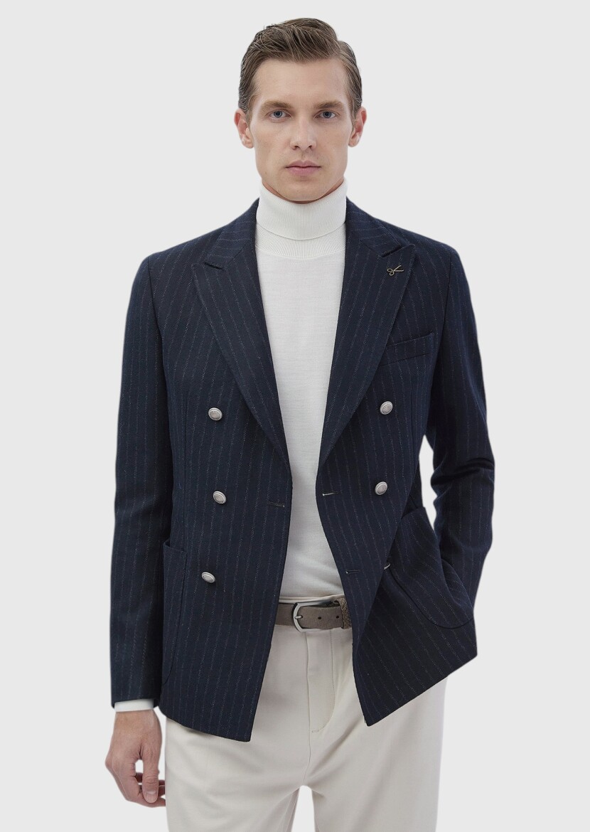 Navy Blue Striped Shirt Shoulder Slim Fit Wool Blended Jacket - RAMSEY