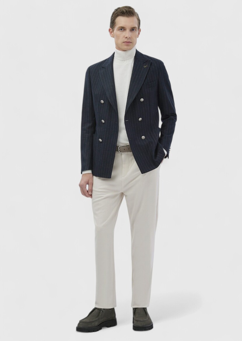 Navy Blue Striped Shirt Shoulder Slim Fit Wool Blended Jacket - RAMSEY