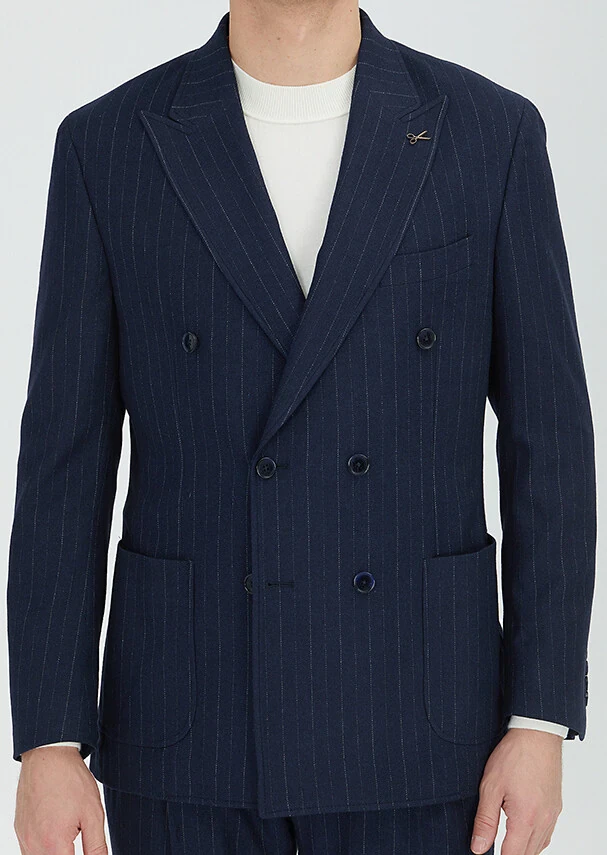 Navy Blue Striped Shirt Shoulder Slim Fit Wool Blended Jacket - 3