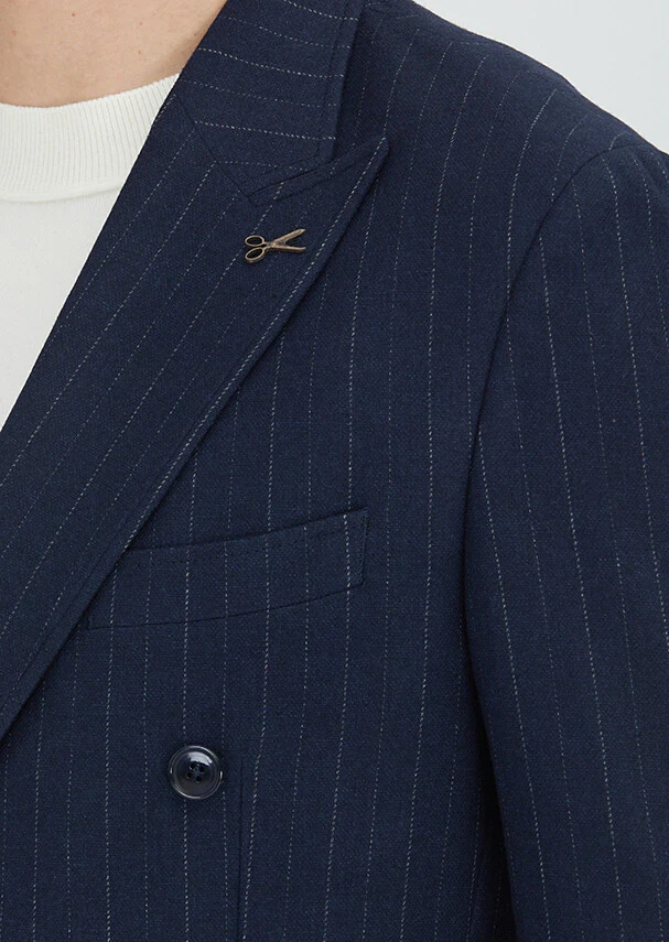 Navy Blue Striped Shirt Shoulder Slim Fit Wool Blended Jacket - 4