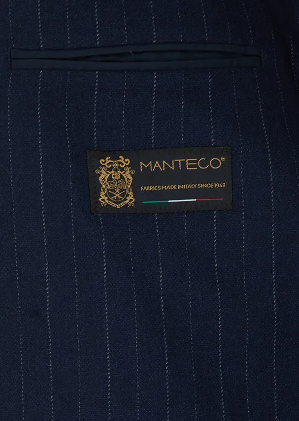 Navy Blue Striped Shirt Shoulder Slim Fit Wool Blended Jacket - 5