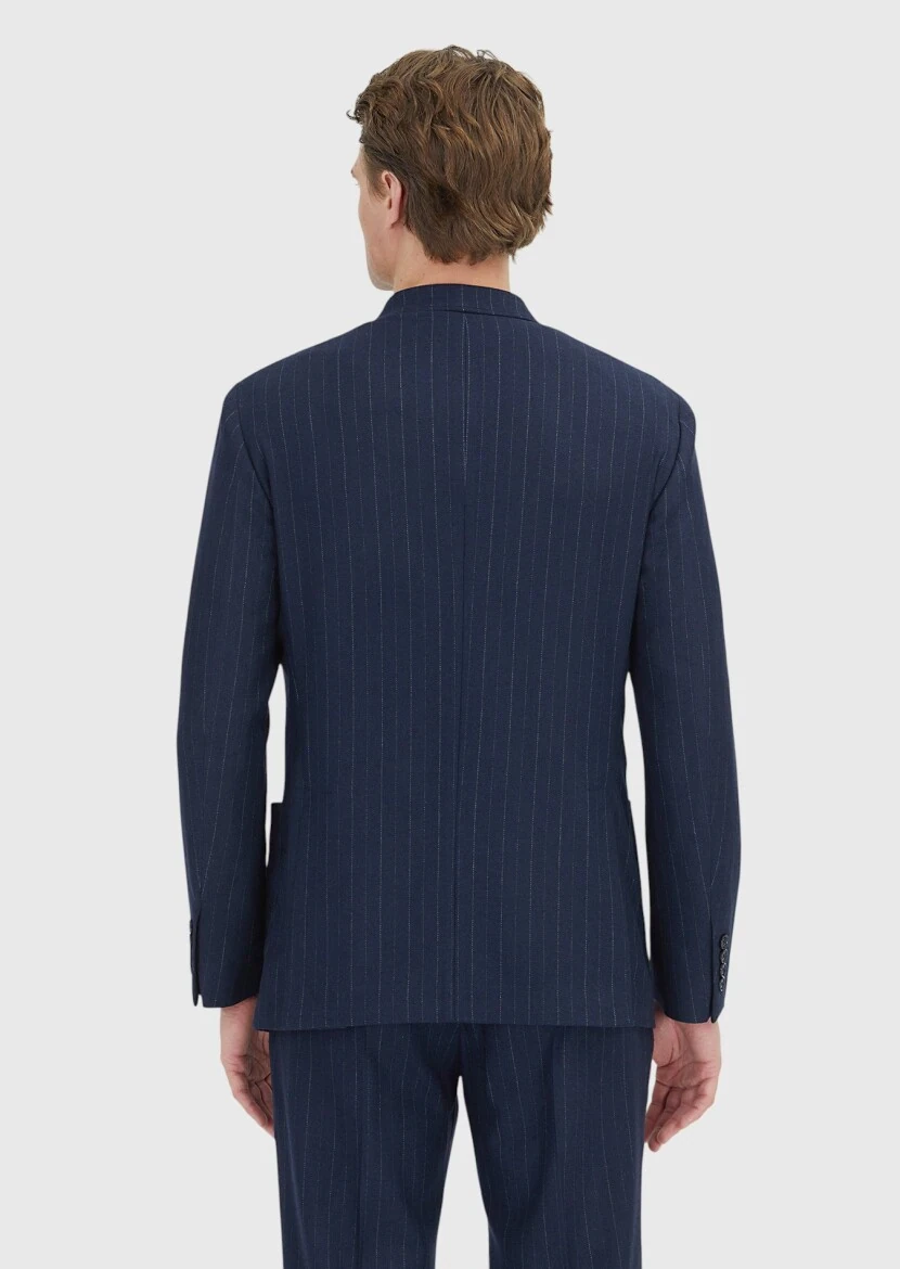 Navy Blue Striped Shirt Shoulder Slim Fit Wool Blended Jacket - 6
