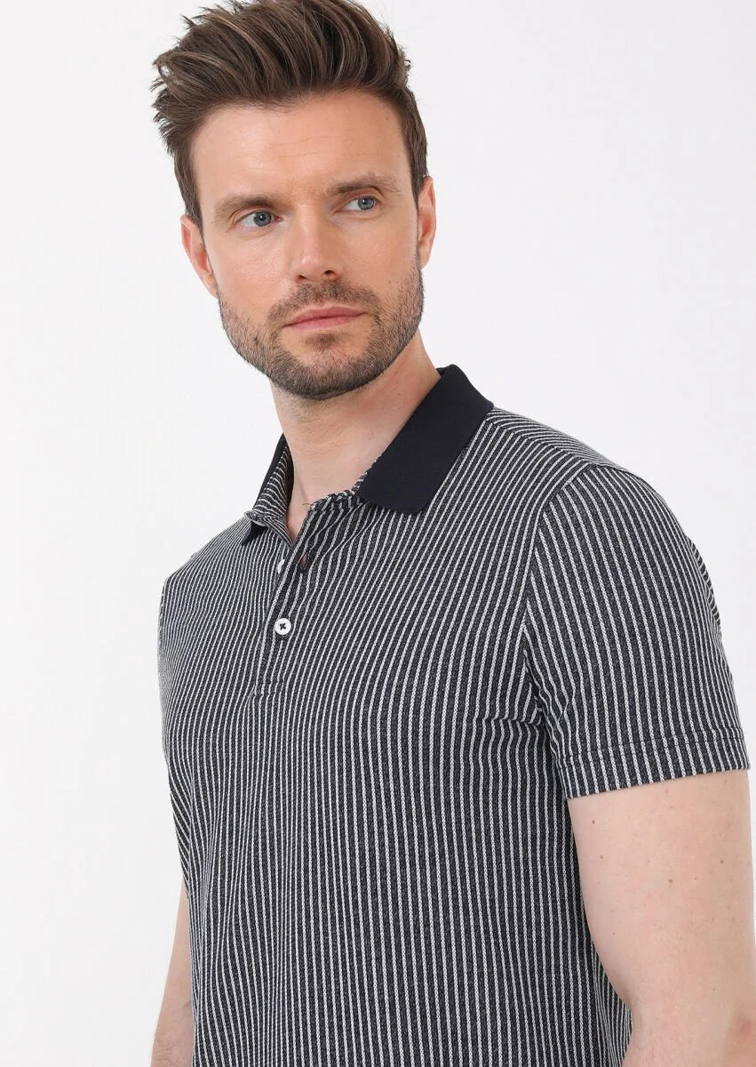 Navy Blue Striped Slim Fit Knitting Casual 100% Cotton Shirt - 2