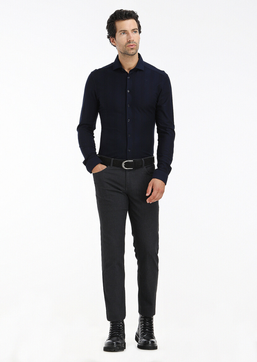 Navy Blue Striped Slim Fit Long Knitting Casual 100% Cotton Shirt - 1