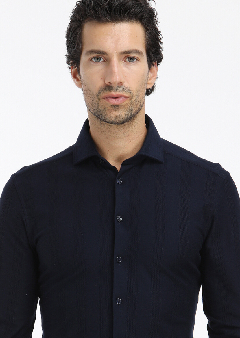 Navy Blue Striped Slim Fit Long Knitting Casual 100% Cotton Shirt 