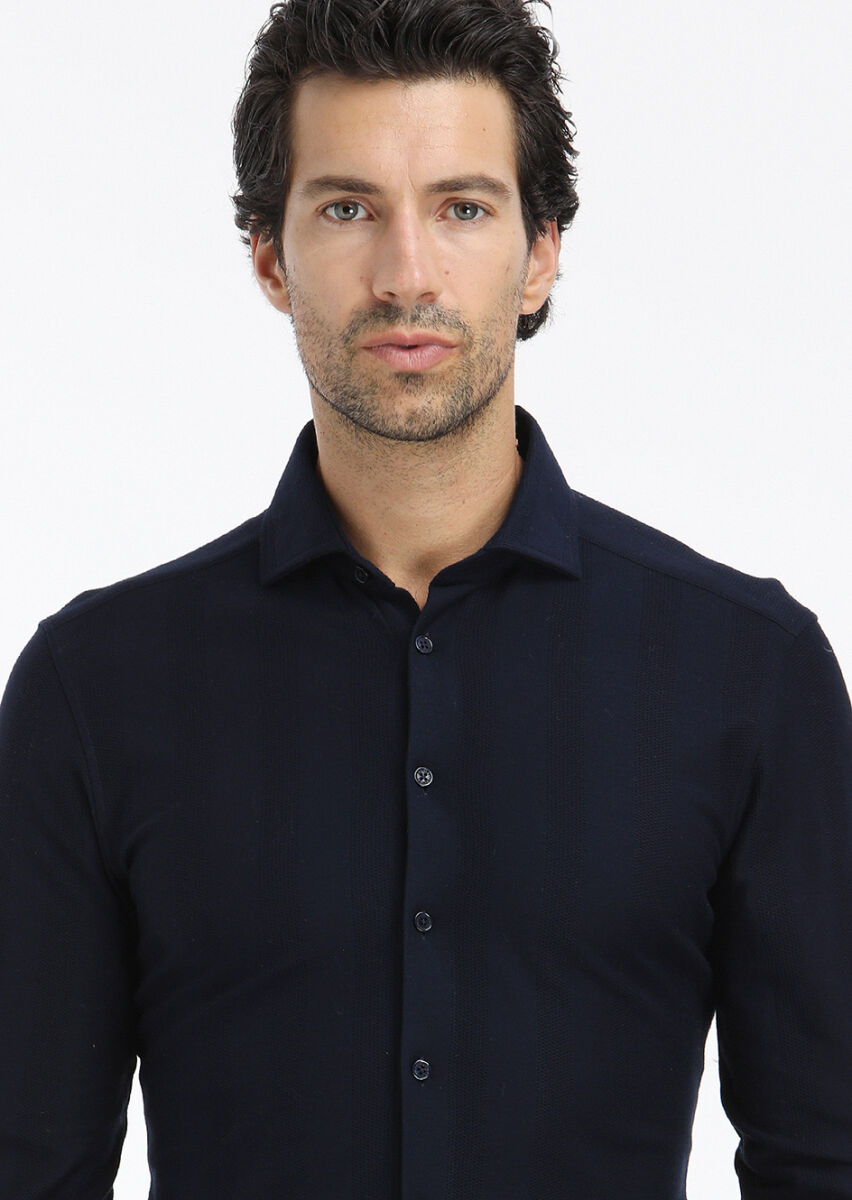 Navy Blue Striped Slim Fit Long Knitting Casual 100% Cotton Shirt - 2