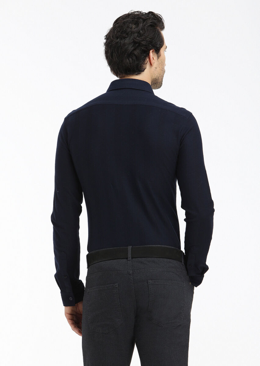 Navy Blue Striped Slim Fit Long Knitting Casual 100% Cotton Shirt - 4