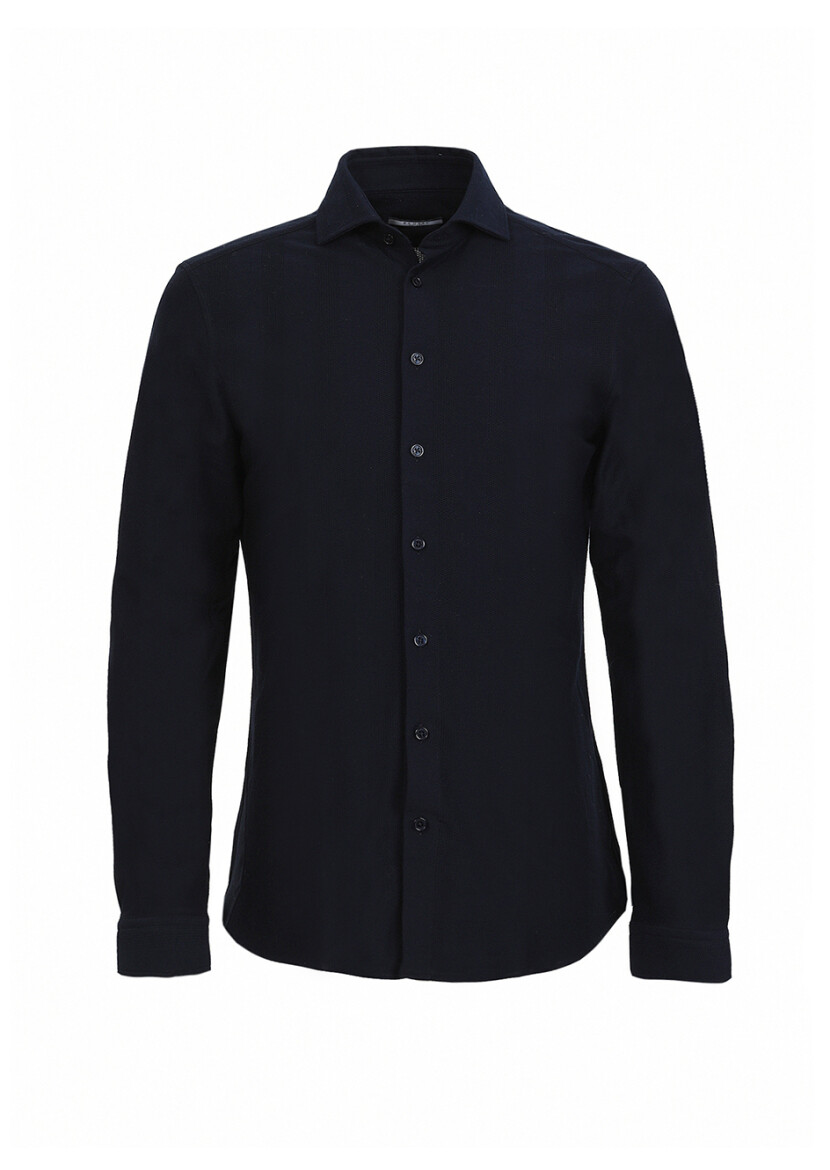 Navy Blue Striped Slim Fit Long Knitting Casual 100% Cotton Shirt - 5